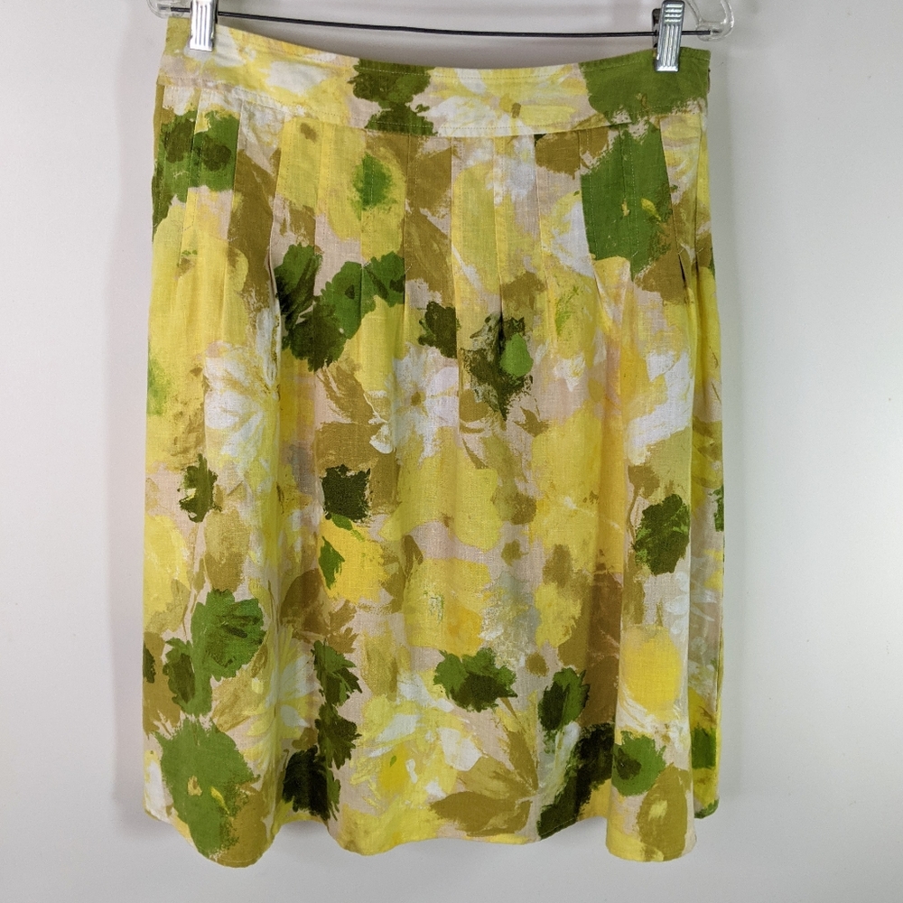 Dana Buchman Floral Yellow Green White Linen Skirt 10 Watercolor